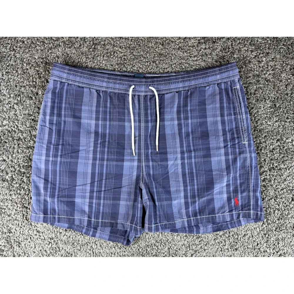 Polo Ralph Lauren Mens Blue Plaid Swim Trunks XL Drawstring Mesh Lined Shorts